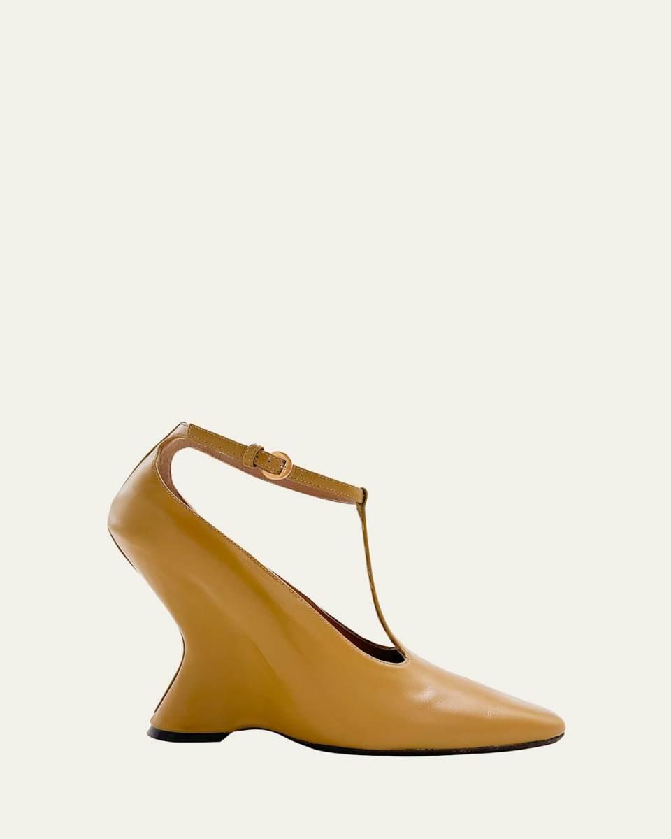 Glove Leather T-Strap Wedge Pumps